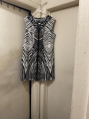 Bold Zebra Print Sleeveless Sheath Dress Black & White Geometric Midi Dress Size